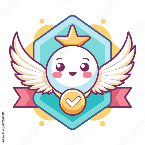 Modern Pastel Mascot Badge with Abstract Angel Wings and Smiling Character Face
