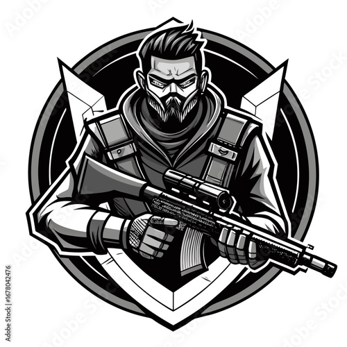 Wallpaper Mural Black-Ops Soldier in Comic Style with Sniper Rifle Inside Grunge-Themed Badge Torontodigital.ca