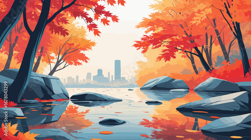 Vibrant autumn forest frames serene lake reflecting city skyline, a picturesque blend of nature and urban beauty.