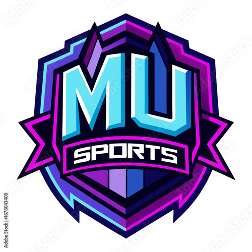 Bold MU Esports Badge with Exaggerated Serif Initials in Violet-Blue with Black Outlines