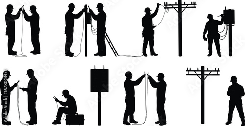 Electricians working, power line repair, electrical pole maintenance, professional workers, silhouette engineers, fixing wires, construction site, energy system repair, safety helmet, tools