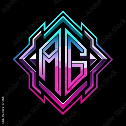 Stylized Overlapping Geometric Monogram in Neon Outlines on Deep Black for High-Tech Gamer Look