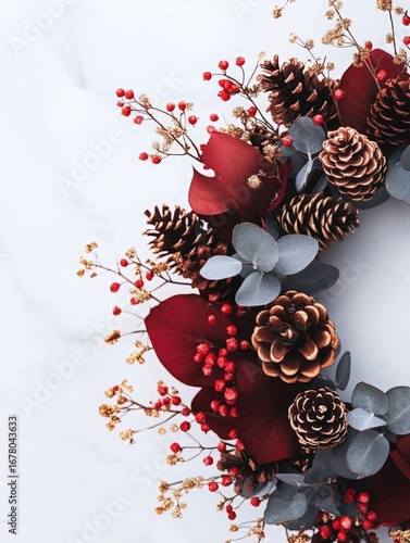 wreath christmas of pinecone, greenery Eucalyptus and berries. Greeting card