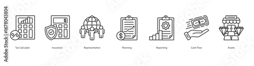 Financial Management banner web icon set vector illustration concept with icon of tax calculate, insurance, representative, planning, reporting, cash flow, assets