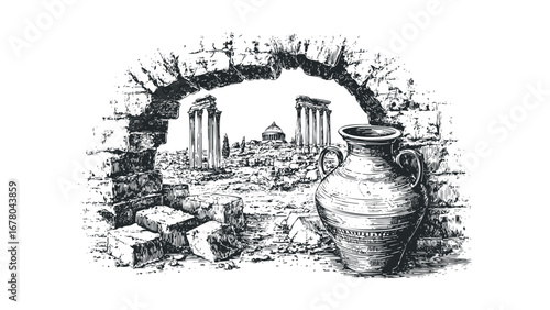 Ancient amphora resting near ruins of classical architecture in a sketch style. Vector hand drawn illustration