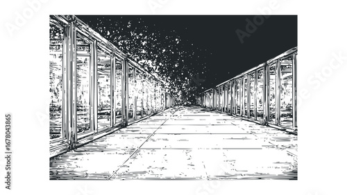 Empty modern corridor with abstract splatter effect on transparent background. Vector hand drawn illustration