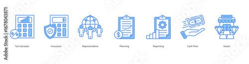 Financial Management banner web icon set vector illustration concept with icon of tax calculate, insurance, representative, planning, reporting, cash flow, assets