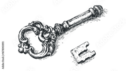 Vintage ornate key with separate lock mechanism piece. Vector hand drawn illustration