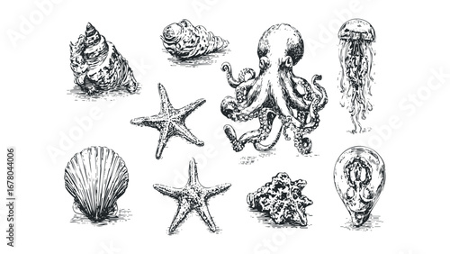 Collection of marine life and seashells in a vintage sketch style on transparent background. Vector hand drawn illustration