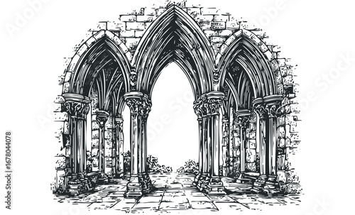 Ornate Gothic Arches and Columns Passage in Stone. Vector hand drawn illustration
