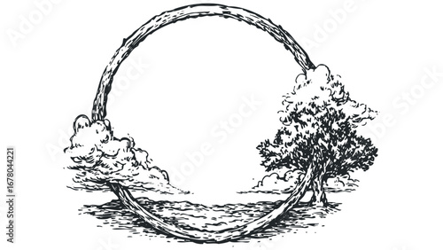 Circular flow of water and tree graphic on a transparent background. Vector hand drawn illustration