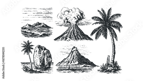 Vintage Volcano Eruption and Tropical Island Landscape Scenes. Vector hand drawn illustration