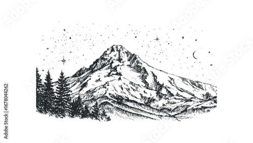 Hand-drawn sketch of a majestic snow-capped mountain at night with a crescent moon and stars. Vector hand drawn illustration