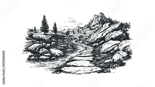 Detailed sketch of a stone path winding through a rocky mountainous landscape with pine trees and a stream. Vector hand drawn illustration