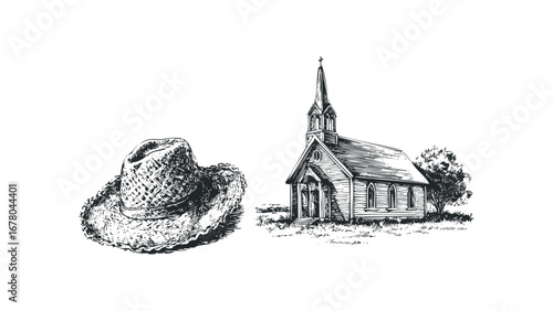 Vintage Straw Hat and Country Church with Steeple Sketch. Vector hand drawn illustration