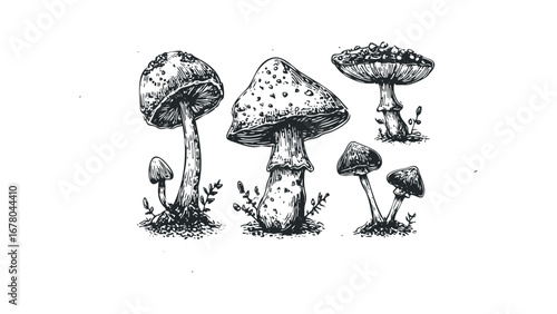 Group of whimsical toadstools and fungi rendered in a detailed line drawing style. Vector hand drawn illustration