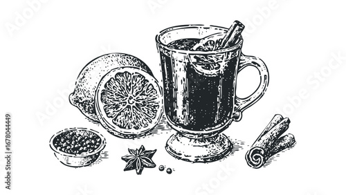 Mulled Wine Ingredients with Cinnamon Sticks and Orange Slice. Vector hand drawn illustration