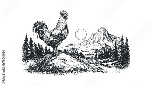 Rooster perched on rocky outcrop with mountainous forest landscape under moon. Vector hand drawn illustration