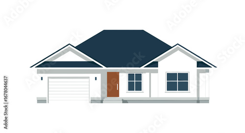 Modern single-story ranch house with dark blue roof and garage door, perfect for real estate and architectural concepts.