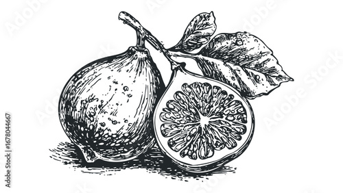 Hand Drawn Line Art of Two Ripe Figs One Halved on Transparent Background. Vector hand drawn illustration