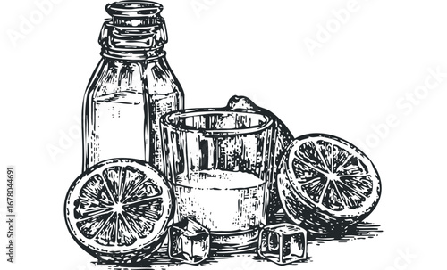 Linocut Style Beverage with Citrus Slices and Ice Cubes. Vector hand drawn illustration