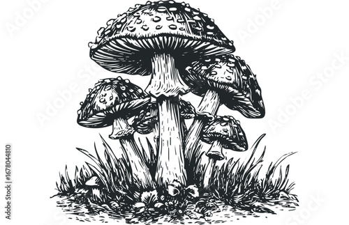 Group of spotted mushrooms growing in grass. Vector hand drawn illustration