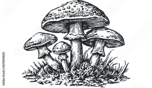 Woodcut Style Mushrooms with Grass and Spores on Transparent Background. Vector hand drawn illustration