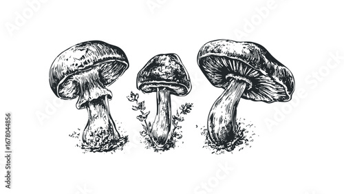 Three detailed ink sketch mushrooms with foliage on a transparent background. Vector hand drawn illustration