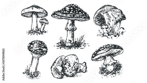 Set of six distinct mushroom sketches with varied caps and stems. Vector hand drawn illustration