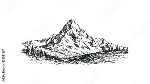 Detailed ink sketch of a majestic mountain peak with surrounding forest and snowy slopes. Vector hand drawn illustration