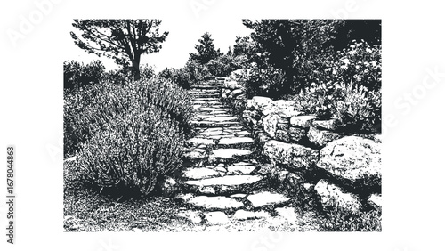 Stone pathway winding through lush garden with blossoming plants and trees. Vector hand drawn illustration