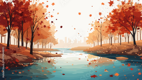 Vibrant autumn trees with falling leaves over tranquil water reflecting a distant city skyline, capturing seasonal beauty and urban nature blend