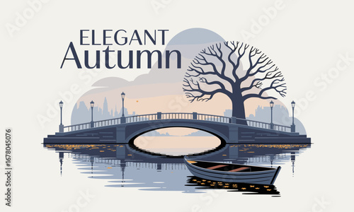 Serene Autumn canal scene with a picturesque bridge, bare tree, and quiet boat reflecting the warm sunset glow over a distant city skyline.