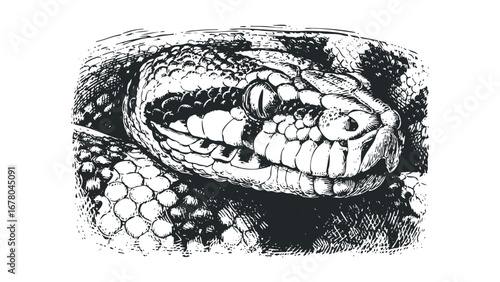Detailed black and white ink drawing of a viper snake head with scales. Vector hand drawn illustration