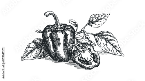 Ink sketch of whole and halved bell pepper with leaves on transparent background. Vector hand drawn illustration