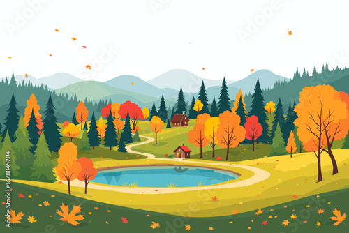 Vibrant autumn landscape unfolds with colorful trees, serene lake, and cozy cabins nestled in rolling hills under a clear sky