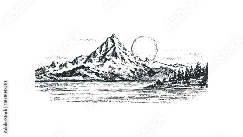 Hand Drawn Mountain Landscape with Lake and Full Moon. Vector hand drawn illustration