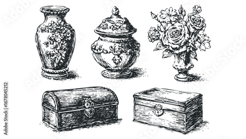 Sketch of ornate vase, lidded jar, roses in vase, and wooden chests. Vector hand drawn illustration