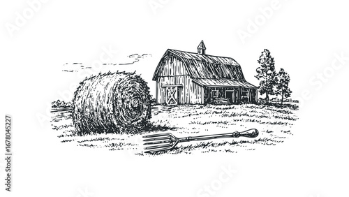 Rural barn scene with a large hay bale and pitchfork in grassy field. Vector hand drawn illustration