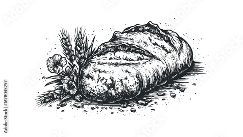 Crusty loaf with wheat stalks and flowers isolated on white. Vector hand drawn illustration