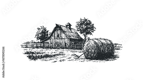 Farmhouse scene with hay bale and pitchfork. Vector hand drawn illustration