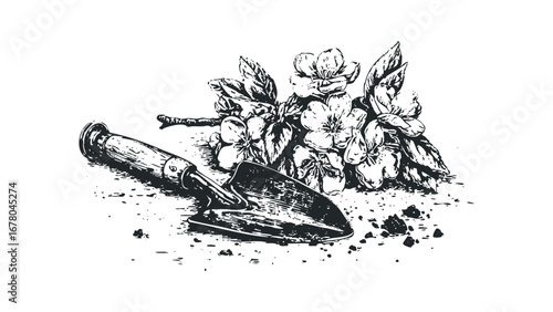 Trowel and Cherry Blossoms on Transparent Background. Vector hand drawn illustration