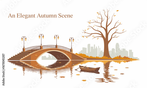 Serene autumn park scene with a charming arched bridge, gas lamps, a lone boat on reflective water, and a city skyline beyond a bare tree.
