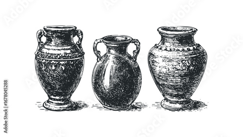 Vintage pottery amphorae collection with handles on a transparent background. Vector hand drawn illustration