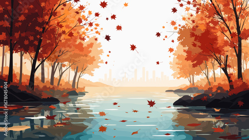 Vibrant autumn scene with falling leaves over tranquil water, city skyline in distance, evoking seasonal beauty and serene atmosphere