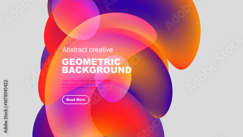 Abstract colorful shapes overlap, creating vibrant geometric background. Text includes geometric background, plus sample lorem ipsum text. Button visible.