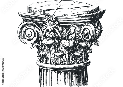 Detailed sketch of an ornate Corinthian column capital with acanthus leaves and scrolls on transparent background. Vector hand drawn illustration
