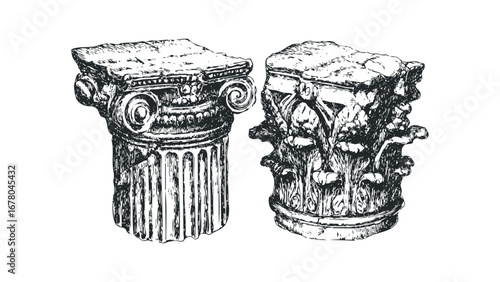 Black and White Sketch of Ancient Greek Ionic and Corinthian Column Capitals. Vector hand drawn illustration