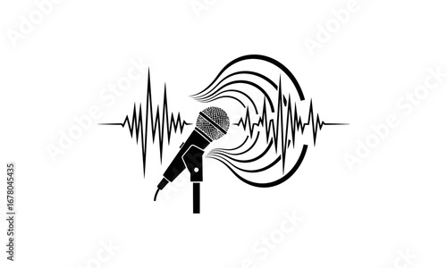Black and white microphone illustration with sound waves and audio signal representation design concept