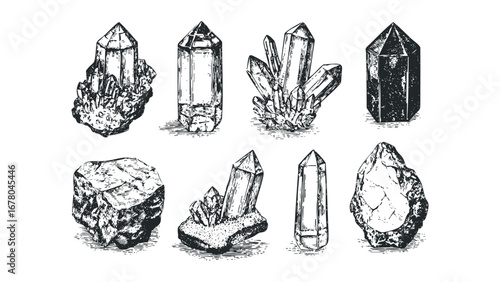 Collection of etched crystal and stone formations on a white background. Vector hand drawn illustration
